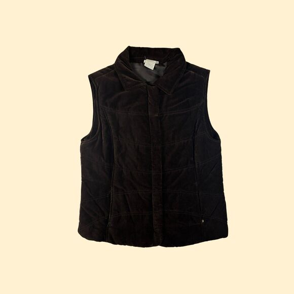 90s/Y2K brown velour puffer vest by Tweeds, vintage XL womens sleeveless jacket - Picture 2 of 7